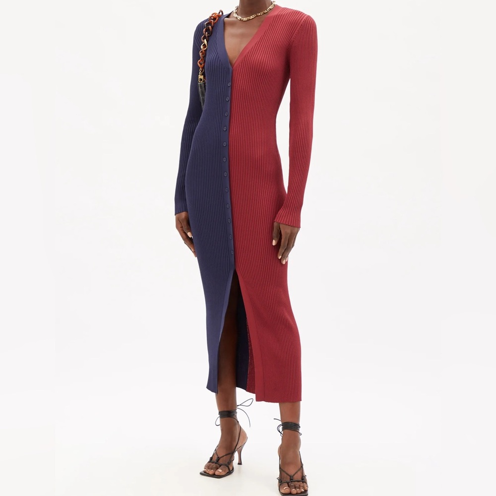 STAUD‎ Shoko Buttoned Ribbed Knit Midi Dress Burgundy Navy Colorblock Large EUC